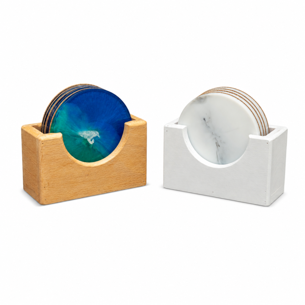 Epoxy Resin Coasters with Wooden Holder (4″ Diameter)